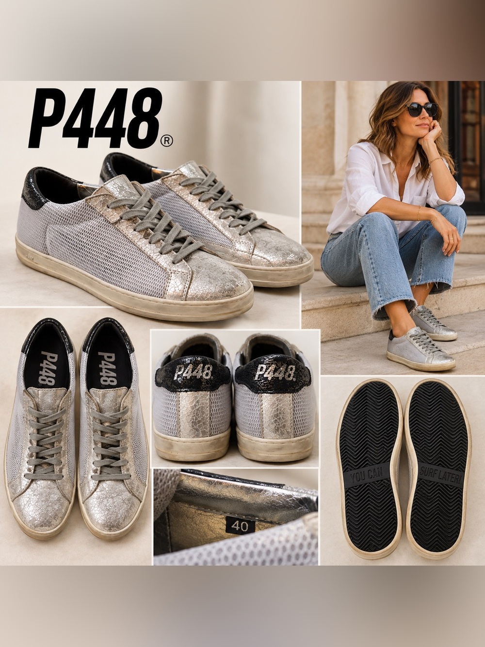 P448 Silver Metallic Mesh Distressed Low Top Sneakers EU 40